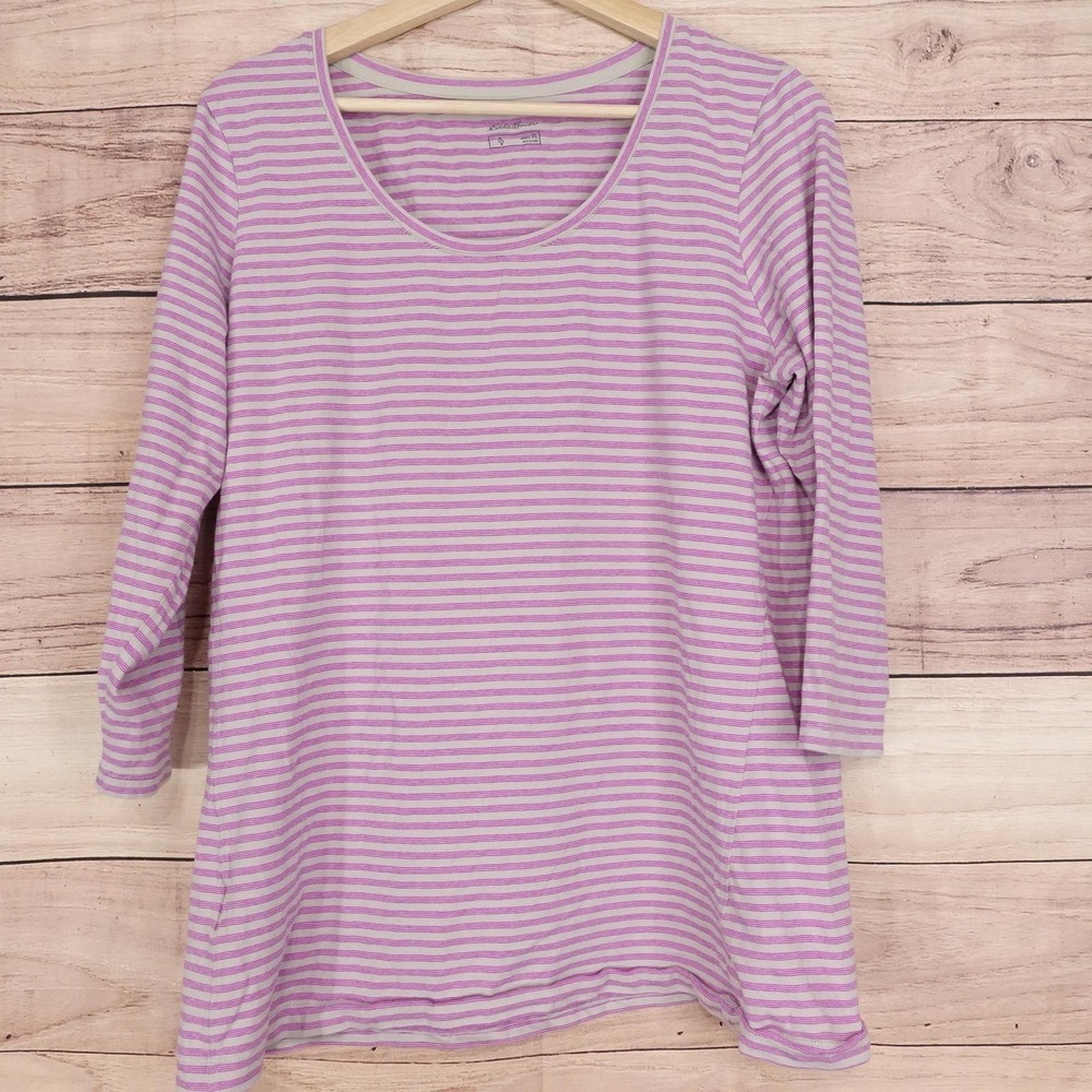 Eddie Bauer Shirt Womens XL Pink Striped Tunic Scoop Neck 3/4 Sleeve Cotton Top